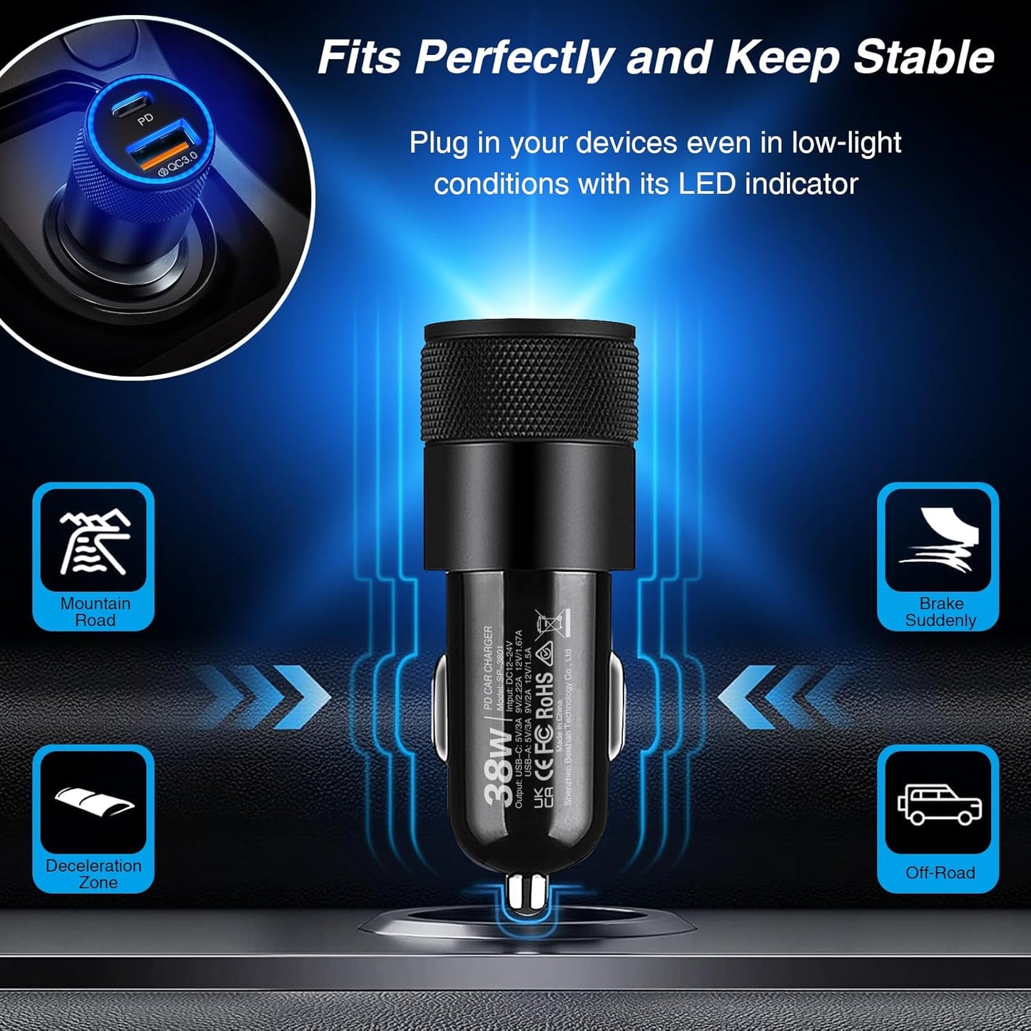 2-Pack Car Charger, 38W Dual Ports USB-C+USB-A Car Charger Adapter 12V USB C Fast Charging Cigarette Lighter Adapter for Iphone16E 16 15 Samsung S24, Pixel Cargador Para Carro Phone Plug