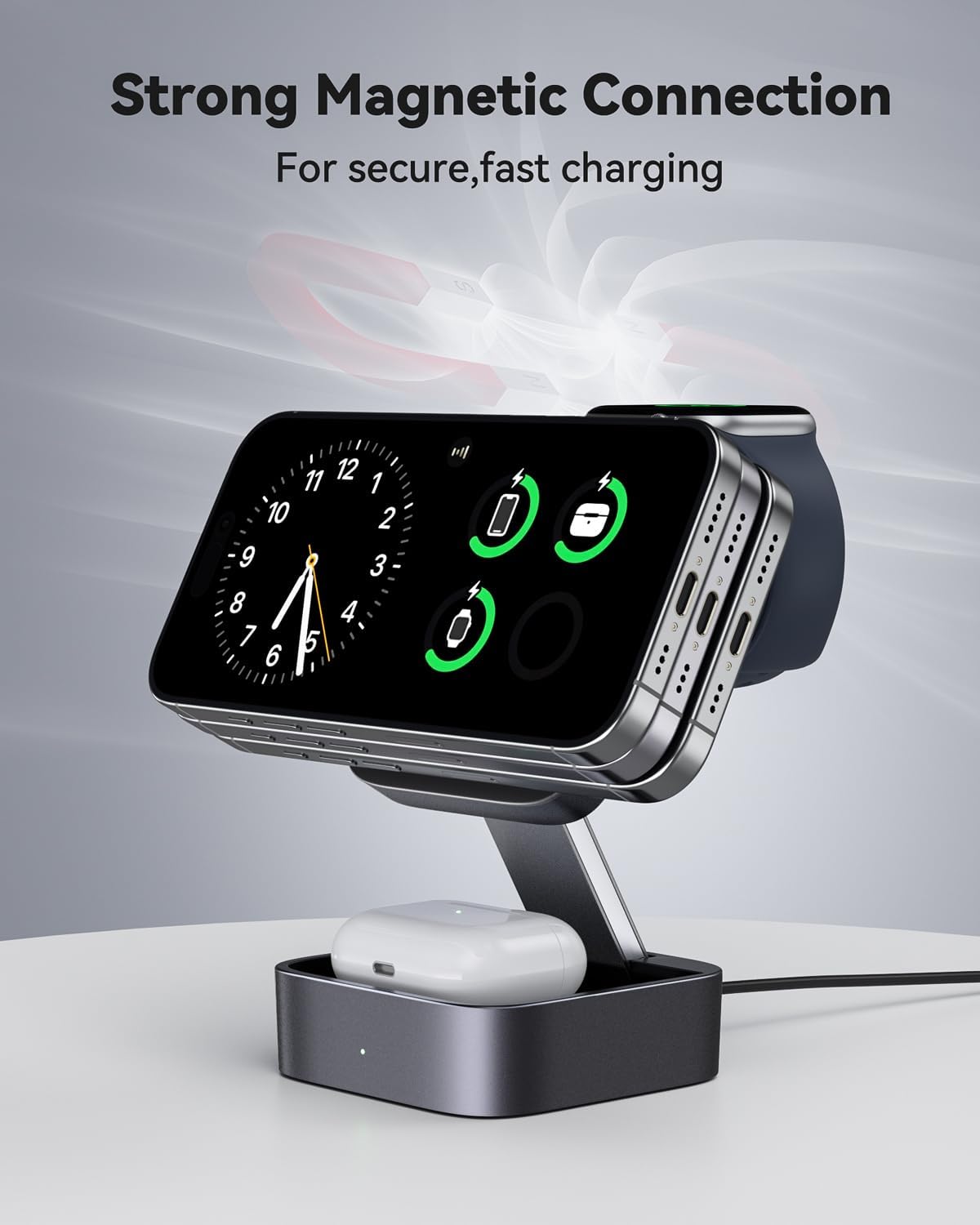 3 in 1 Wireless Charging Station for Apple Devices, Magnetic Foldable Travel Fast Charger Stand Compatible with Magsafe for Iphone 17E/Air/17/16/15/14/13/12 Series, Apple Watch & Airpods Pro/4/3/2