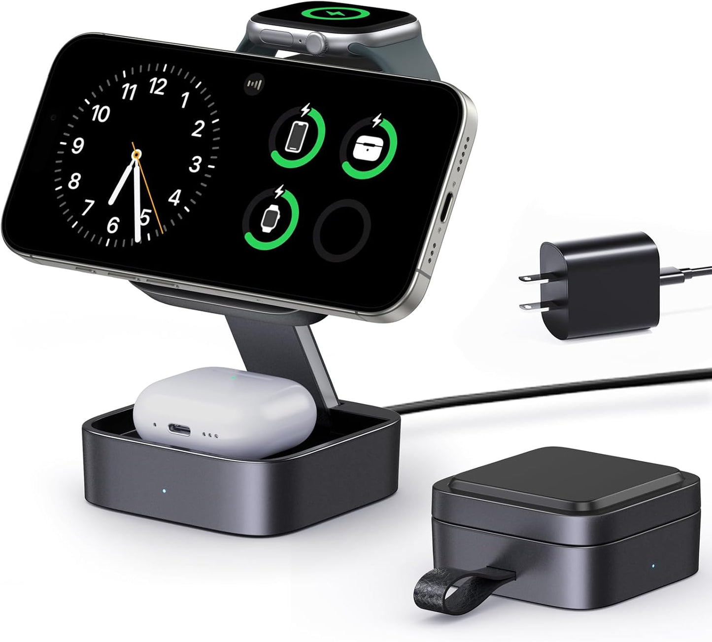 3 in 1 Wireless Charging Station for Apple Devices, Magnetic Foldable Travel Fast Charger Stand Compatible with Magsafe for Iphone 17E/Air/17/16/15/14/13/12 Series, Apple Watch & Airpods Pro/4/3/2