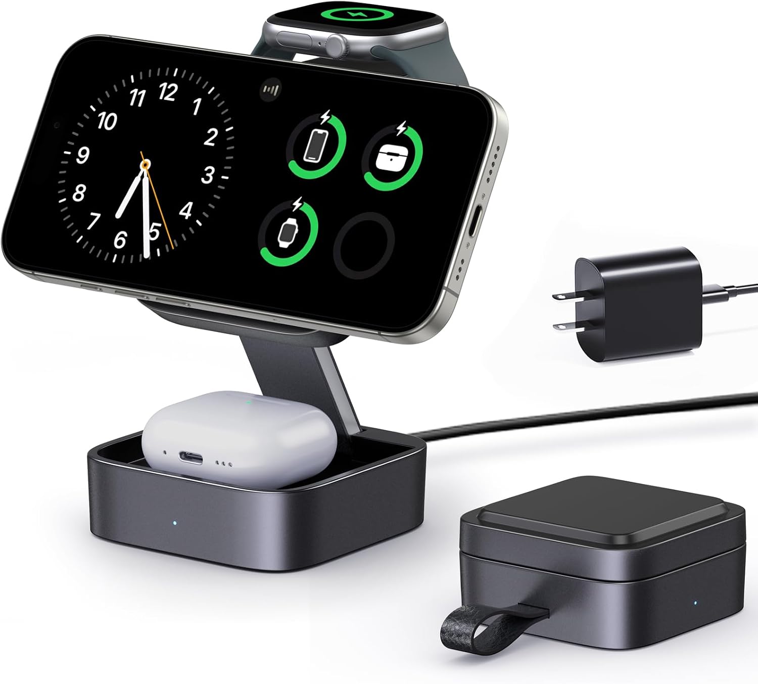3 in 1 Wireless Charging Station for Apple Devices, Magnetic Foldable Travel Fast Charger Stand Compatible with Magsafe for Iphone 17E/Air/17/16/15/14/13/12 Series, Apple Watch & Airpods Pro/4/3/2