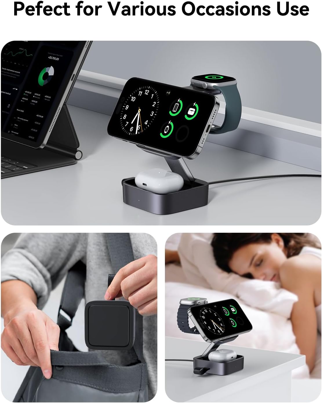 3 in 1 Wireless Charging Station for Apple Devices, Magnetic Foldable Travel Fast Charger Stand Compatible with Magsafe for Iphone 17E/Air/17/16/15/14/13/12 Series, Apple Watch & Airpods Pro/4/3/2
