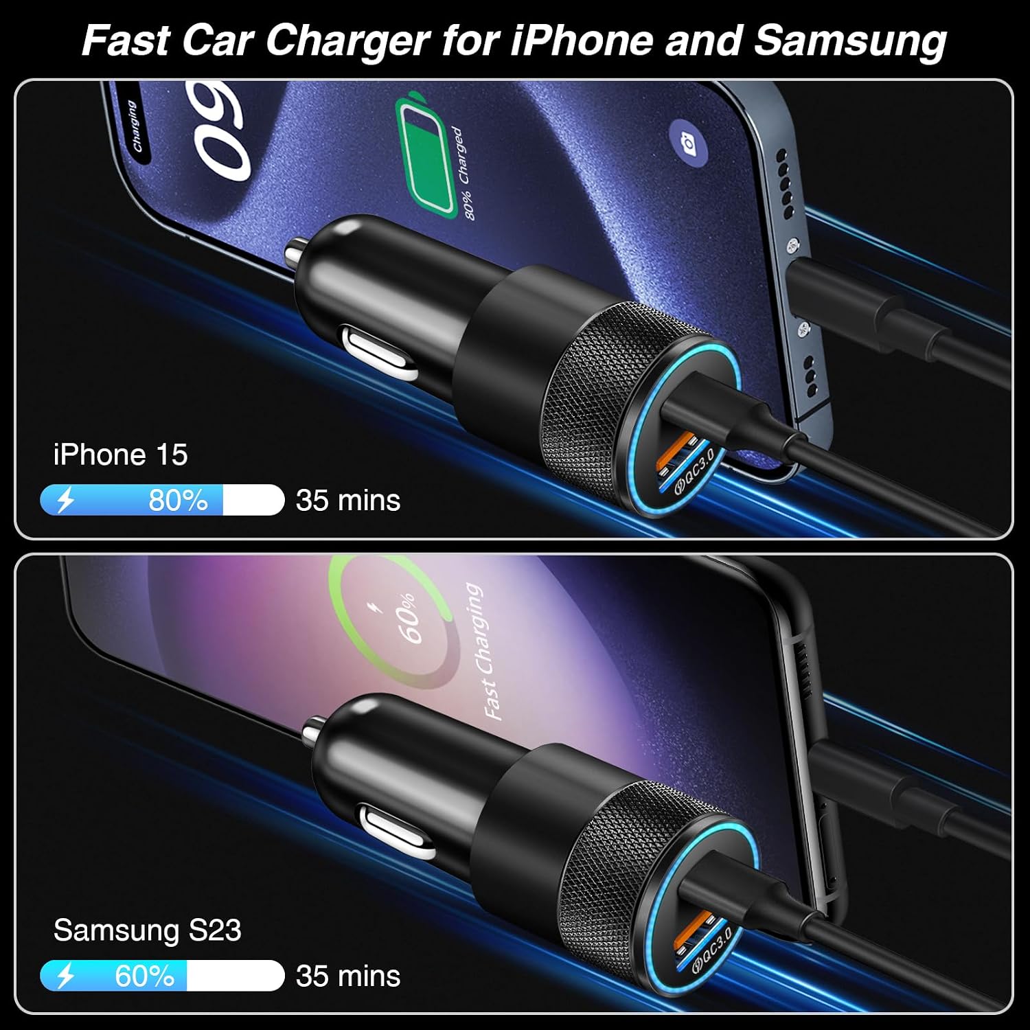 2-Pack Car Charger, 38W Dual Ports USB-C+USB-A Car Charger Adapter 12V USB C Fast Charging Cigarette Lighter Adapter for Iphone16E 16 15 Samsung S24, Pixel Cargador Para Carro Phone Plug