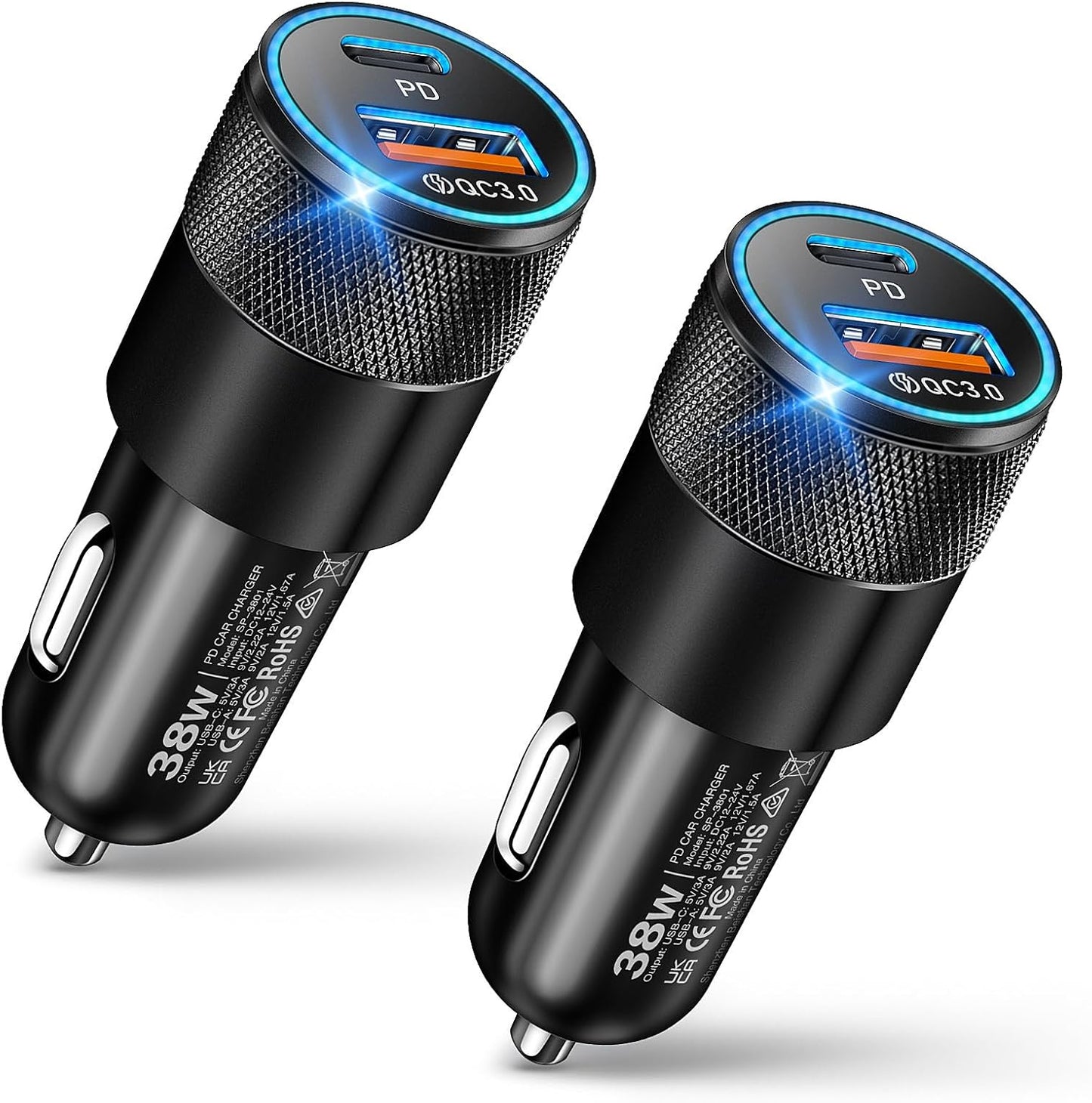 2-Pack Car Charger, 38W Dual Ports USB-C+USB-A Car Charger Adapter 12V USB C Fast Charging Cigarette Lighter Adapter for Iphone16E 16 15 Samsung S24, Pixel Cargador Para Carro Phone Plug