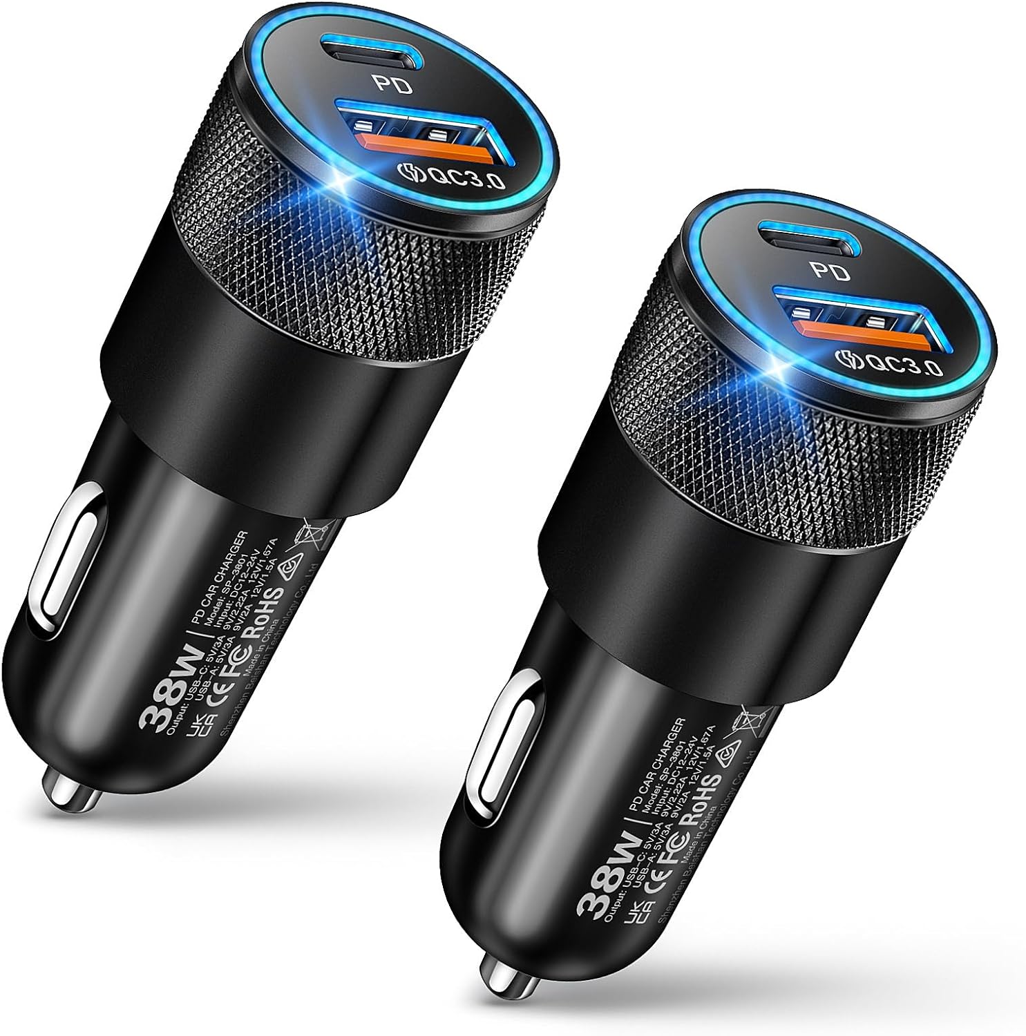 2-Pack Car Charger, 38W Dual Ports USB-C+USB-A Car Charger Adapter 12V USB C Fast Charging Cigarette Lighter Adapter for Iphone16E 16 15 Samsung S24, Pixel Cargador Para Carro Phone Plug