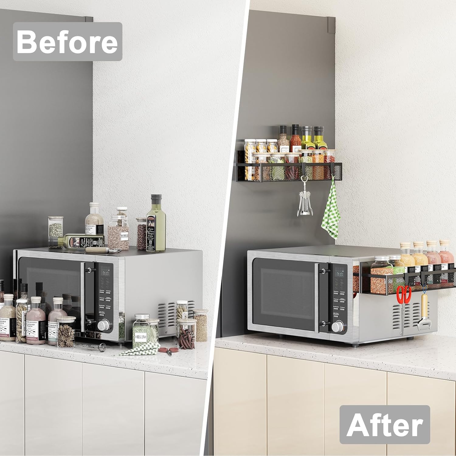 Magnetic Spice Rack for Refrigerator,  2 Pack Magnetic Shelf, Fridge Magnet Organizer with Moveable 4 Hooks, Magnetic Fridge Shelf for Kitchen Organization and Storage (2 Pack)