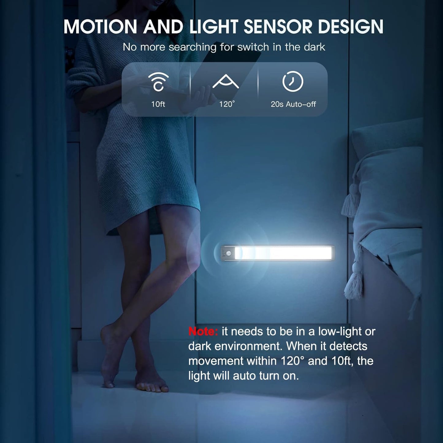10Inch under Cabinet Lighting, 2 Pack Rechargeable Motion Sensor Light Indoor, 5 Levels Dimmable Magnetic Closet Lights, Wireless under Counter Lights for Kitchen, Stairs
