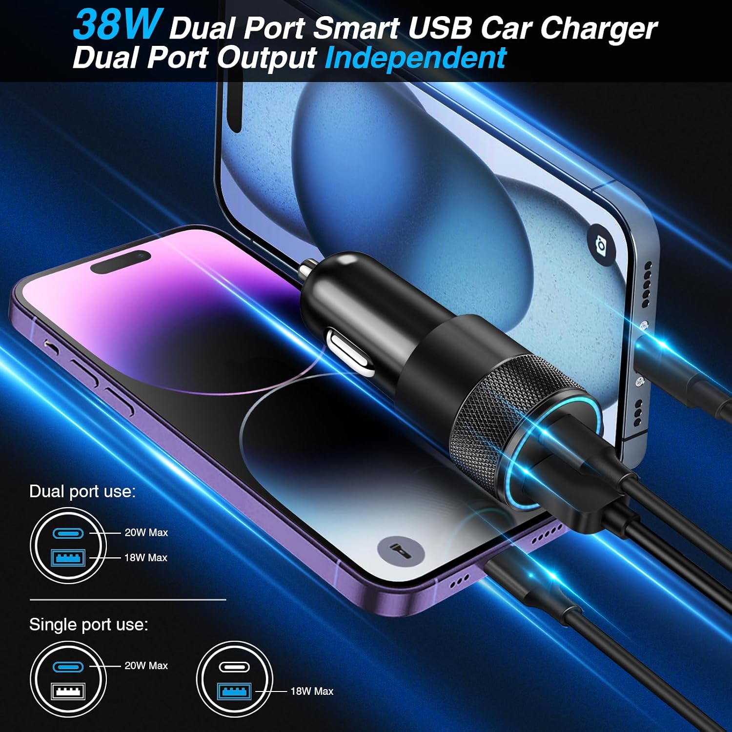 2-Pack Car Charger, 38W Dual Ports USB-C+USB-A Car Charger Adapter 12V USB C Fast Charging Cigarette Lighter Adapter for Iphone16E 16 15 Samsung S24, Pixel Cargador Para Carro Phone Plug