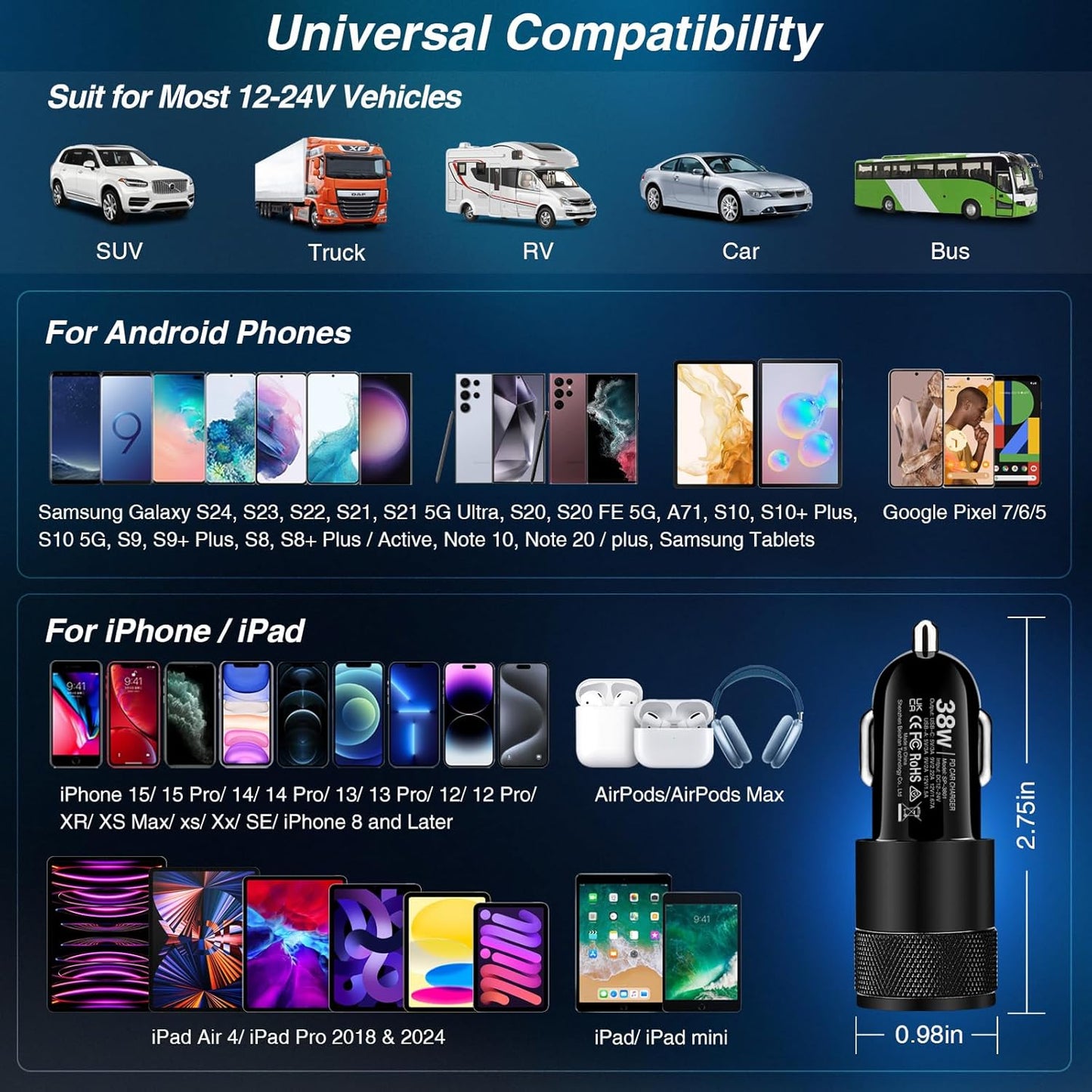 2-Pack Car Charger, 38W Dual Ports USB-C+USB-A Car Charger Adapter 12V USB C Fast Charging Cigarette Lighter Adapter for Iphone16E 16 15 Samsung S24, Pixel Cargador Para Carro Phone Plug