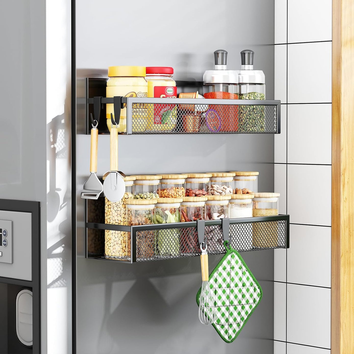 Magnetic Spice Rack for Refrigerator,  2 Pack Magnetic Shelf, Fridge Magnet Organizer with Moveable 4 Hooks, Magnetic Fridge Shelf for Kitchen Organization and Storage (2 Pack)